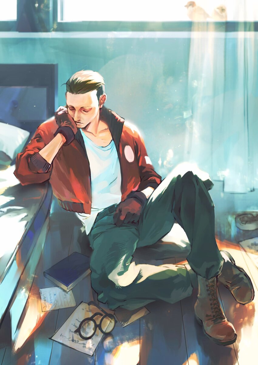 1boy, animal, bed, bird, black-framed_eyewear, black_hair, blue_pants, bomber_jacket, boots, cigarette_holder, closed_eyes, closed_mouth, collarbone, collared_jacket, commentary, crew_neck, denim, disco_elysium, elbow_rest, english_commentary, figure_four_sitting, glasses, hair_slicked_back, head_rest, highres, jacket, jeans, kim_kitsuragi, light_rays, male_focus, nandesu03, no_eyewear, pants, paper, pillow, shirt, short_hair, sideburns, sitting, solo, sunbeam, sunlight, t-shirt, unworn_eyewear, white_shirt, window