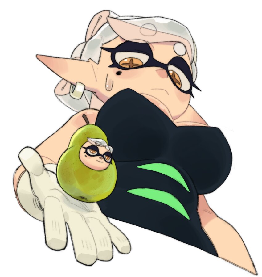 1girl, absurdres, breasts, closed_mouth, cosplay, cross-shaped_pupils, dress, earrings, food, fruit, gloves, grey_hair, highres, jewelry, large_breasts, marie_(splatoon), marie_(squid_sisters_outfit)_(splatoon), nintendo, orange_eyes, orly_custer, pear, pearto_(cosplay), pointy_ears, simple_background, splatoon_(series), strapless, strapless_dress, sweatdrop, symbol-shaped_pupils, tentacle_hair, white_background, white_gloves