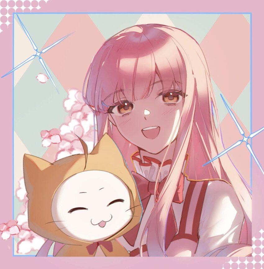 1girl, ^_^, ahoge, animal, argyle_background, blunt_bangs, border, bow