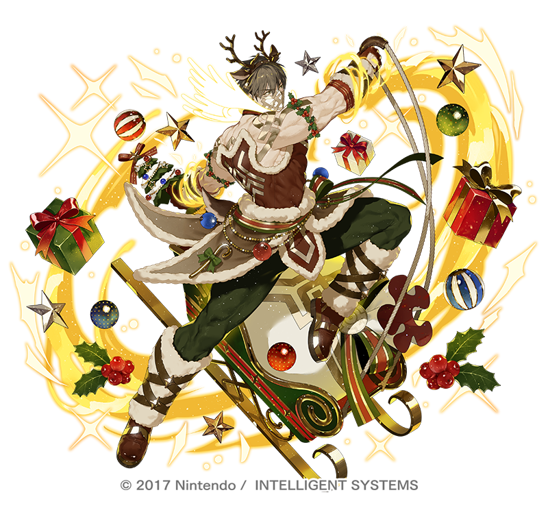 1boy, animal_ears, antlers, brown_eyes, brown_hair, christmas_ornaments, christmas_present, commentary_request