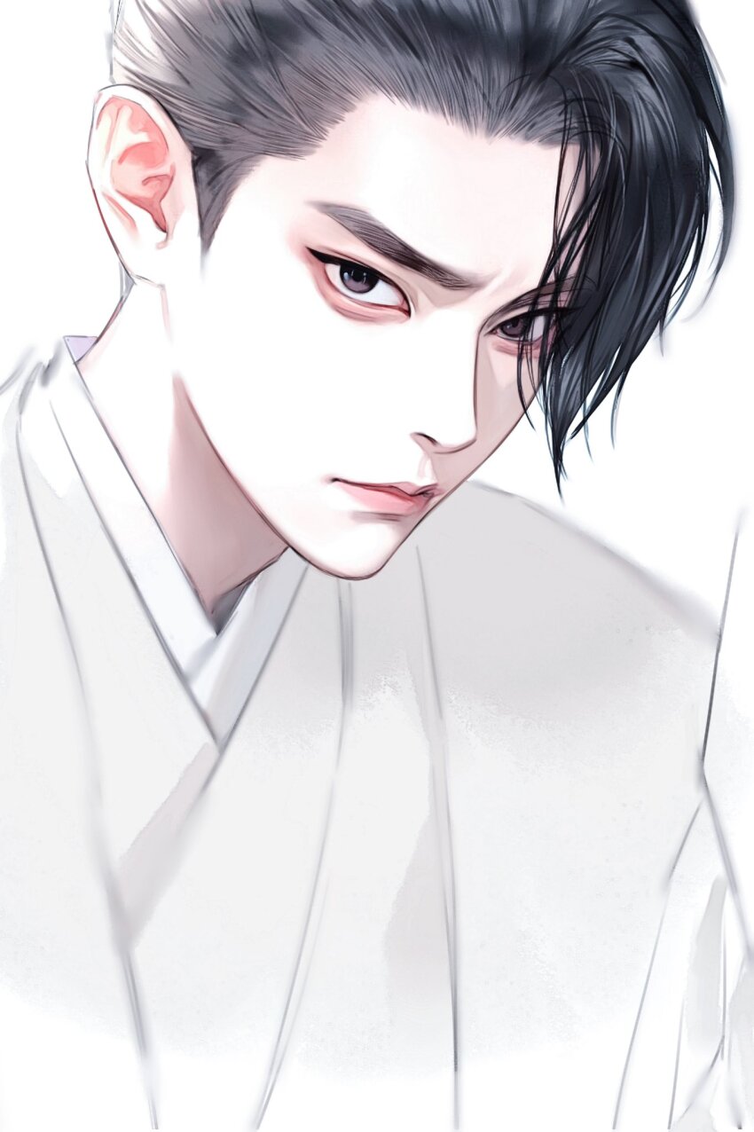 1boy, black_eyes, black_hair, chinese_clothes, chinese_commentary, closed_mouth, commentary, eyeshadow, hashtag-only_commentary, highres, li_chengze, looking_at_viewer, makeup, male_focus, qing_yunian, robe, shirt, simple_background, solo, toscana20460423, upper_body, white_background, white_robe