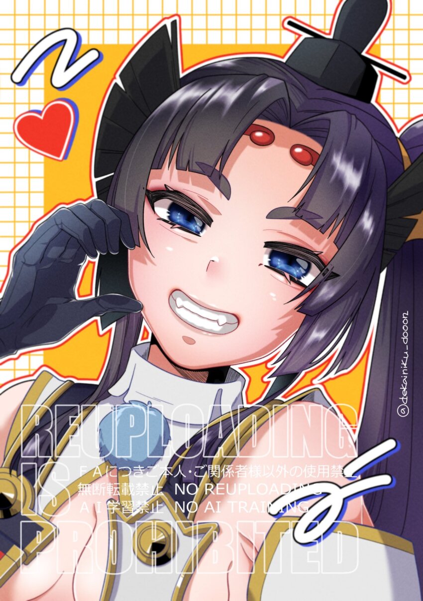 1girl, bare_shoulders, black_gloves, black_hair, blue_eyes, breasts, circlet, commentary_request