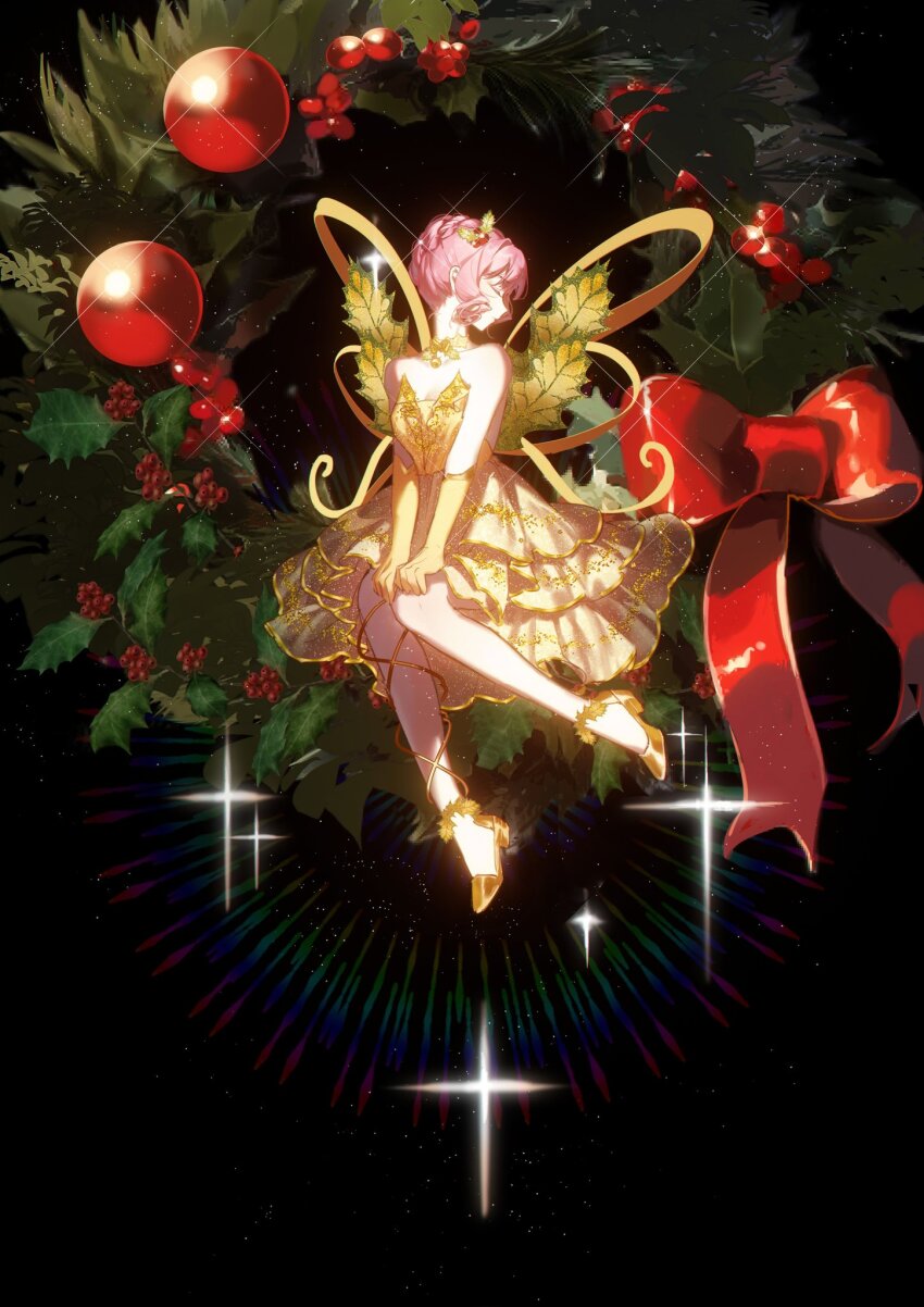 anklet, bare_shoulders, black_background, braid, braided_bun, breasts, center_opening, christmas