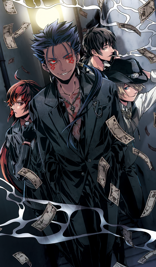 4boys, adjusting_clothes, adjusting_necktie, ahoge, banknote, billy_the_kid_(fate), billy_the_kid_(outrage)_(fate), black_hat, black_jacket, black_pants, black_shirt, blonde_hair, blue_eyes, blue_hair, bolo_tie, brown_eyes, brown_hair, brown_vest, buttons, chain, chest_tattoo, cigarette, closed_mouth, collarbone, collared_shirt, commentary, cowboy_hat, cowboy_shot, cu_chulainn_(fate), cu_chulainn_alter_(fate), cu_chulainn_alter_(outrage)_(fate), dark-skinned_male, dark_skin, dutch_angle, earrings, eyeshadow, facial_tattoo, falling_money, fate/grand_order, fate_(series), formal_clothes, frown, hair_between_eyes, hair_over_one_eye, hair_tie, hand_on_headwear, hands_in_pockets, hat, hector_(fate), hector_(outrage)_(fate), jacket, jewelry, lapels, long_hair, long_sleeves, looking_at_viewer, low_ponytail, makeup, male_focus, medium_hair, money, multiple_boys, necklace, necktie, notched_lapels, official_art, one_eye_closed, open_clothes, open_shirt, outdoors, pants, pinstripe_jacket, pinstripe_pattern, pinstripe_suit, ponytail, rama_(fate), rama_(outrage)_(fate), red_eyes, red_eyeshadow, red_hair, red_shirt, red_tattoo, sarachi_yomi, sharp_teeth, shirt, short_hair, short_ponytail, smile, smoke, smoke_trail, smoking, suit, suit_jacket, tattoo, teeth, third-party_source, vest, waistcoat, walking, white_necktie, white_shirt