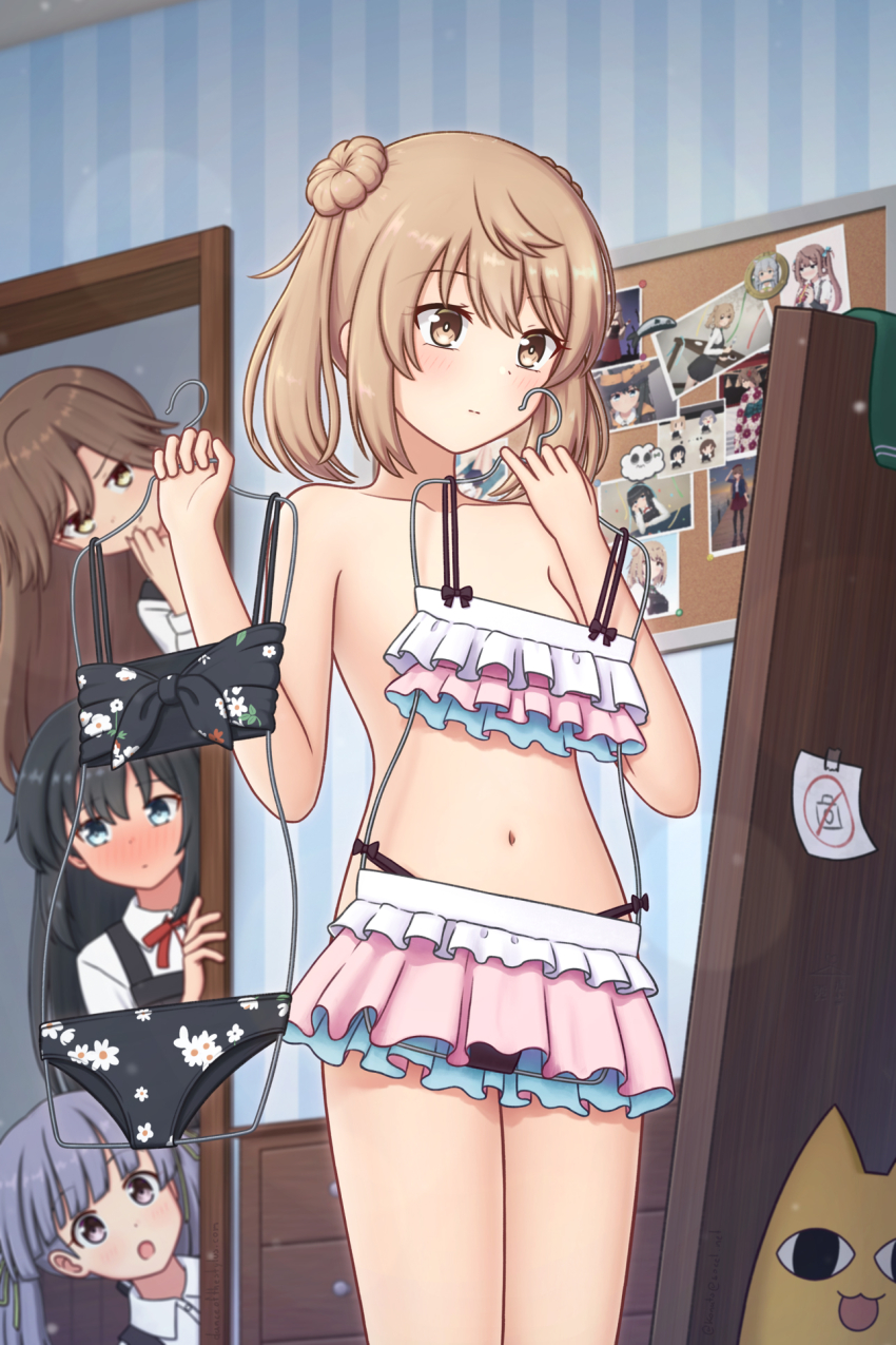 4girls, arashio_(kancolle), arashio_kai_ni_(kancolle), asashio_(kancolle), asashio_kai_ni_(kancolle), azumanga_daiou, bikini, black_bikini, black_hair, blue_eyes, blush, brown_eyes, brown_hair, clothes_hanger, clothes_in_front, covering_privates, crossover, double_bun, dress, floral_print, floral_print_bikini, frilled_bikini, frills, grey_hair, hair_bun, highres, holding, holding_clothes_hanger, indoors, kantai_collection, konato_k, long_hair, long_sleeves, michishio_(kancolle), mihama_chiyo's_father, multiple_girls, navel, neck_ribbon, nude_cover, ooshio_(kancolle), ooshio_kai_ni_(kancolle), pinafore_dress, print_bikini, red_ribbon, ribbon, ruffle_bikini, school_uniform, shirt, short_hair, short_twintails, sleeveless, sleeveless_dress, standing, swimsuit, topless_female, twintails, white_shirt