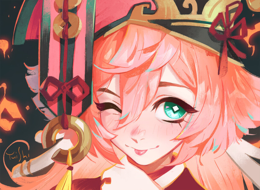 1girl, ;p, aqua_eyes, black_background, bright_pupils, close-up, closed_mouth, cowlick, genshin_impact, hair_between_eyes, hand_up, happy, light_blush, long_hair, looking_to_the_side, one_eye_closed, pink_hair, portrait, sideways_glance, smile, solo, tongue, tongue_out, white_pupils, yanfei_(genshin_impact), yui_shi