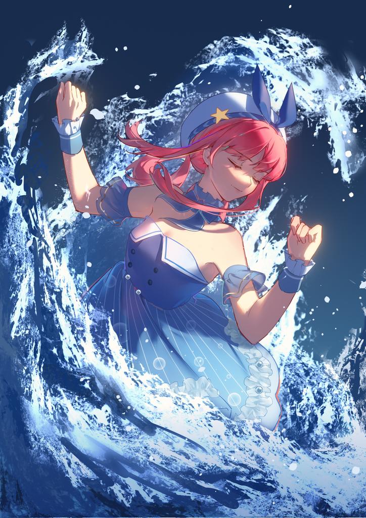 1girl, bare_shoulders, beret, blue_background, blue_bow, blue_bowtie, blue_choker, blue_dress