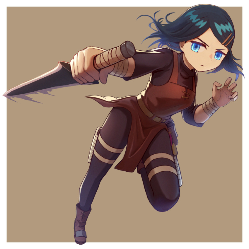 1girl, absurdres, bandaged_wrist, bandages, black_hair, black_pantyhose, black_shirt, blue_eyes