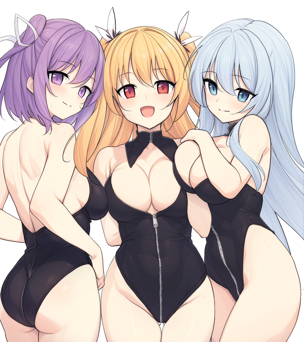 3girls, alisa_reinford, ao_no_kiseki, black_leotard, blonde_hair, blue_eyes, breasts, cleavage