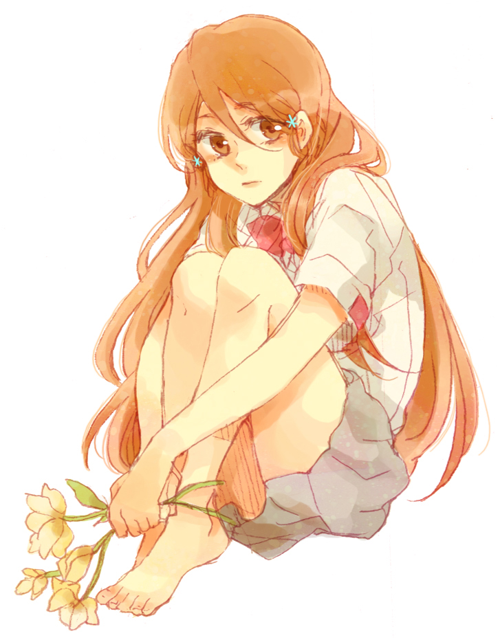 1girl, bad_id, bad_pixiv_id, barefoot, bleach, female_focus, flower, hugging_own_legs