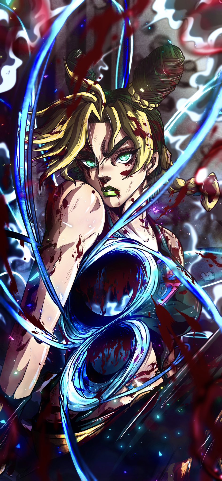 1girl, blonde_hair, blood, blood_from_mouth, blood_on_face, braid, breasts, double_bun, earrings, green_eyes, green_hair, green_lips, green_shirt, hair_bun, highres, jewelry, jojo_no_kimyou_na_bouken, kuujou_jolyne, mebius_brace, medium_breasts, multicolored_hair, noonvincent, shirt, single_braid, sleeveless, stone_free, stone_ocean, string, two-tone_hair