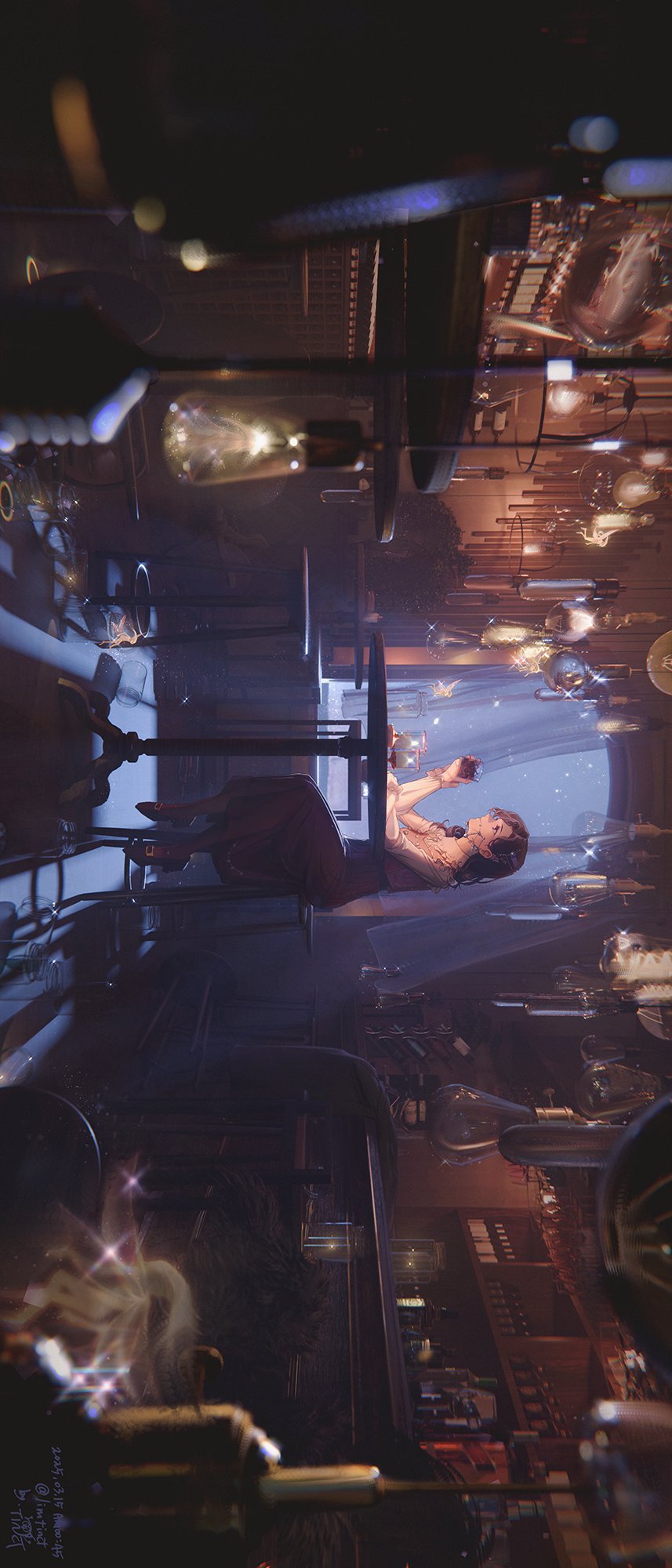 1girl, bar_(place), black_pantyhose, black_shoes, bottle, braces, brown_hair, counter