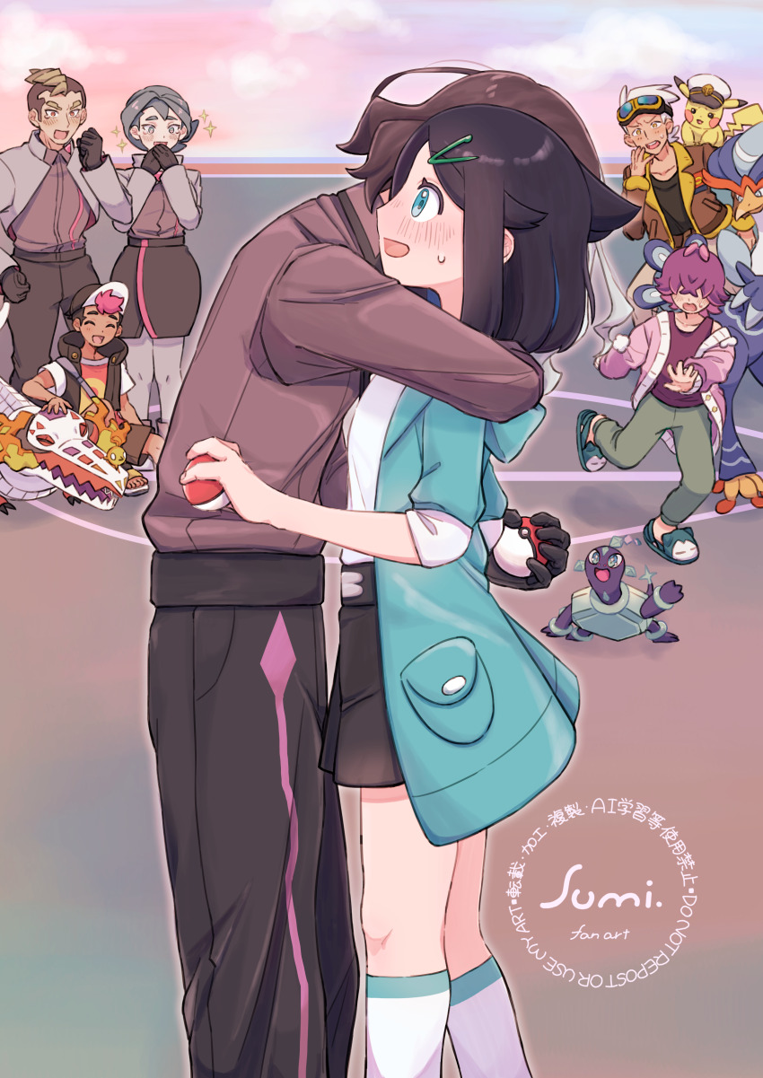 3girls, 4boys, absurdres, amethio_(pokemon), blush, captain_pikachu, commentary_request, cowlick