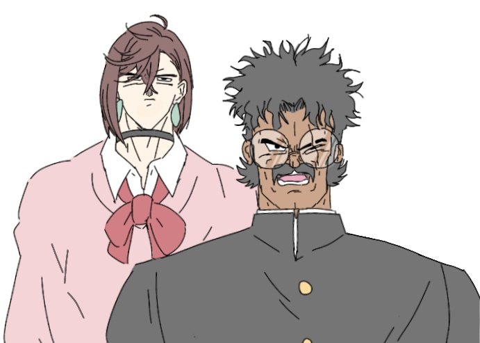 ayase_momo, ayase_momo_(cosplay), bow, bowtie, broly_(dragon_ball_z), cosplay, dandadan, dark_skin, dragon_ball, dragonball_z, envt_060606, father_and_child, father_and_son, gakuran, glasses, loose_bowtie, manlification, meme, multiple_boys, paragus_(dragon_ball_z), parent_and_child, parody, pendant_earrings, round_eyewear, school_uniform, takakura_ken_(dandadan), white_background