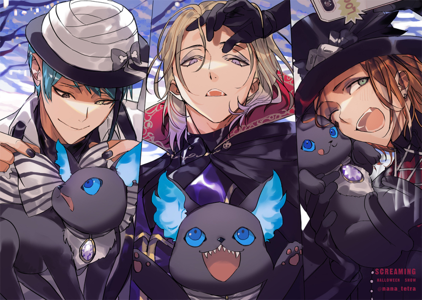 3boys, :q, animal, aqua_hair, black_cape, black_gloves, black_jacket, black_nails