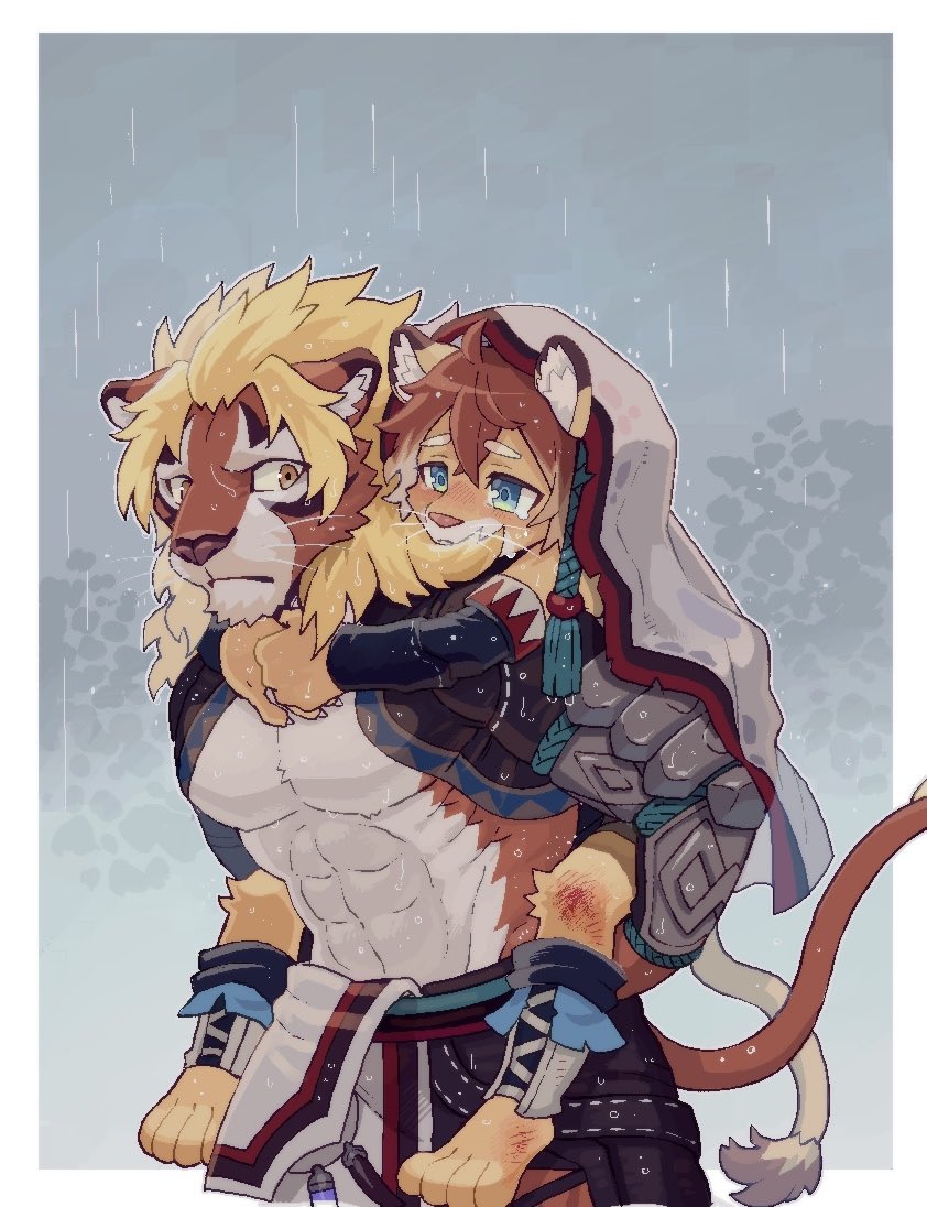 2boys, abs, animal_ears, barefoot, blue_eyes, blush, bruise_on_knee, bruise_on_leg, closed_mouth, furry, furry_male, gatugatuwdfp, lion_boy, lion_ears, lion_mane, lion_tail, looking_at_another, magnos_(world_flipper), male_focus, multiple_boys, muscular, muscular_male, orange_eyes, pectorals, rain, tail, theo_(world_flipper), wet, whiskers, world_flipper