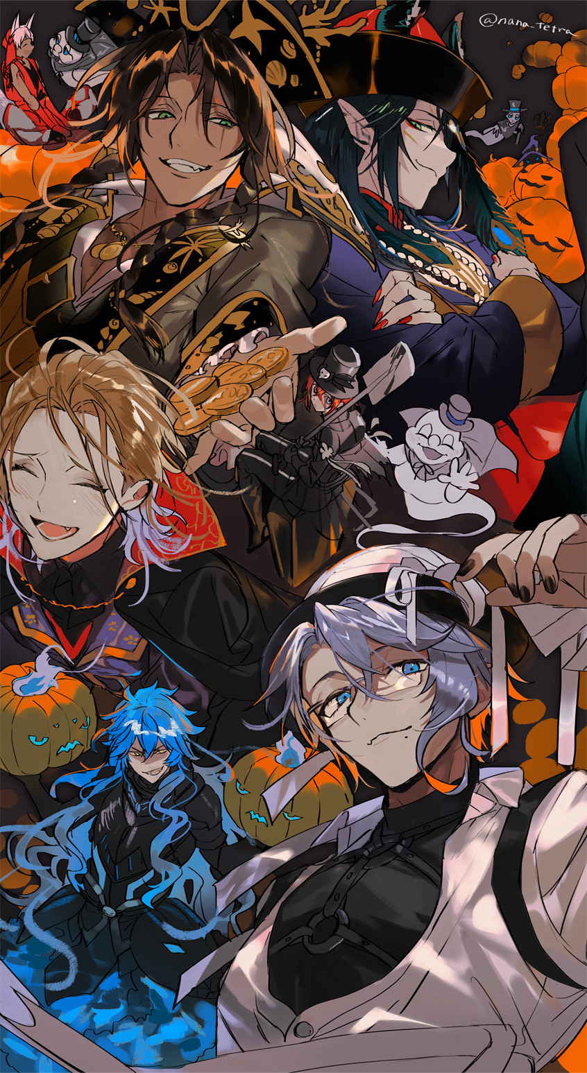6+boys, azul_ashengrotto, azul_ashengrotto_(halloween), black_hair, black_hat, black_jacket, black_nails, black_pants