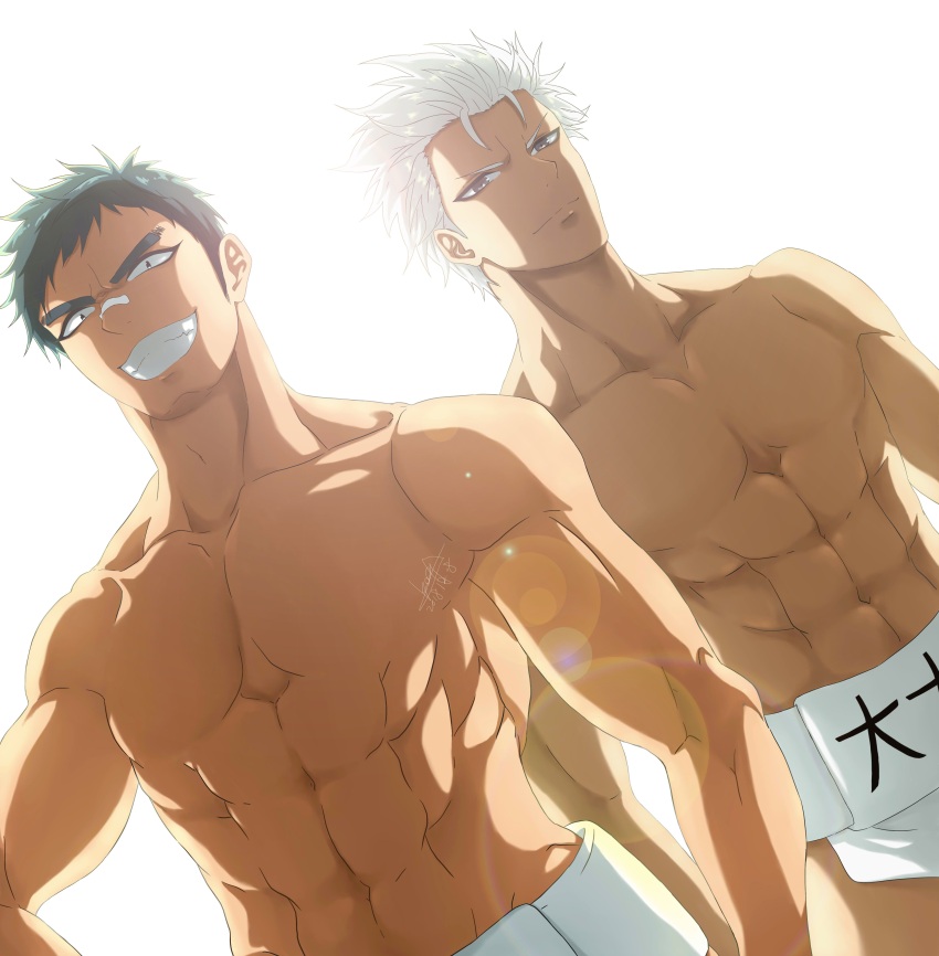2boys, abs, absurdres, bara, collarbone, gojou_yuuma, grin, highres