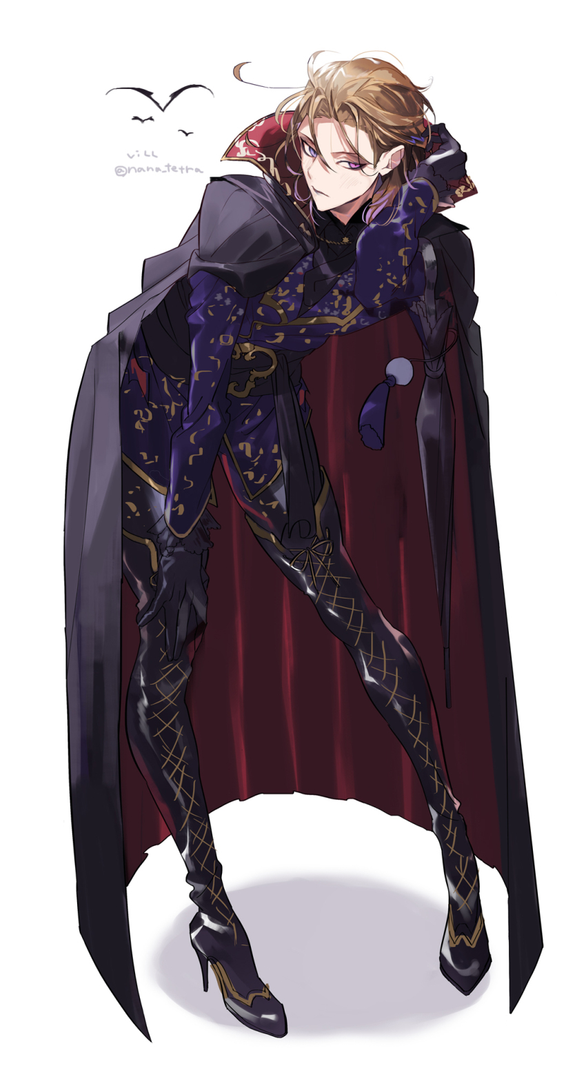 1boy, ahoge, bat_(animal), black_boots, black_gloves, black_shirt, black_umbrella, blonde_hair