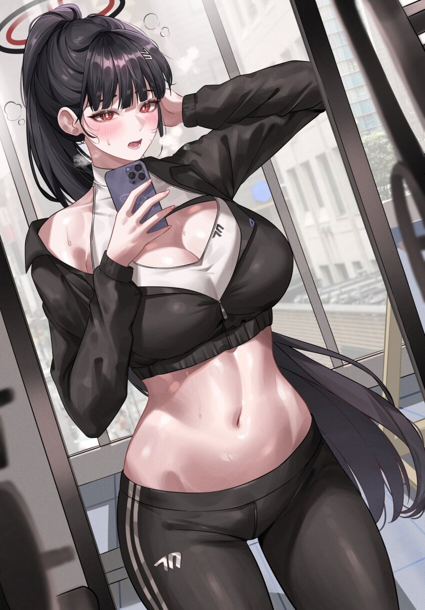 1girl, black_hair, blue_archive, breasts, bright_pupils, cellphone, cleavage, cleavage_cutout