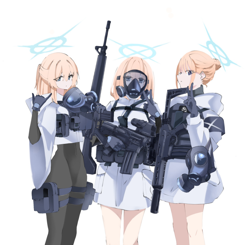 3girls, arius_student_(blue_archive), armband, assault_rifle, belt_pouch, black_eyes, black_gloves, black_pantyhose