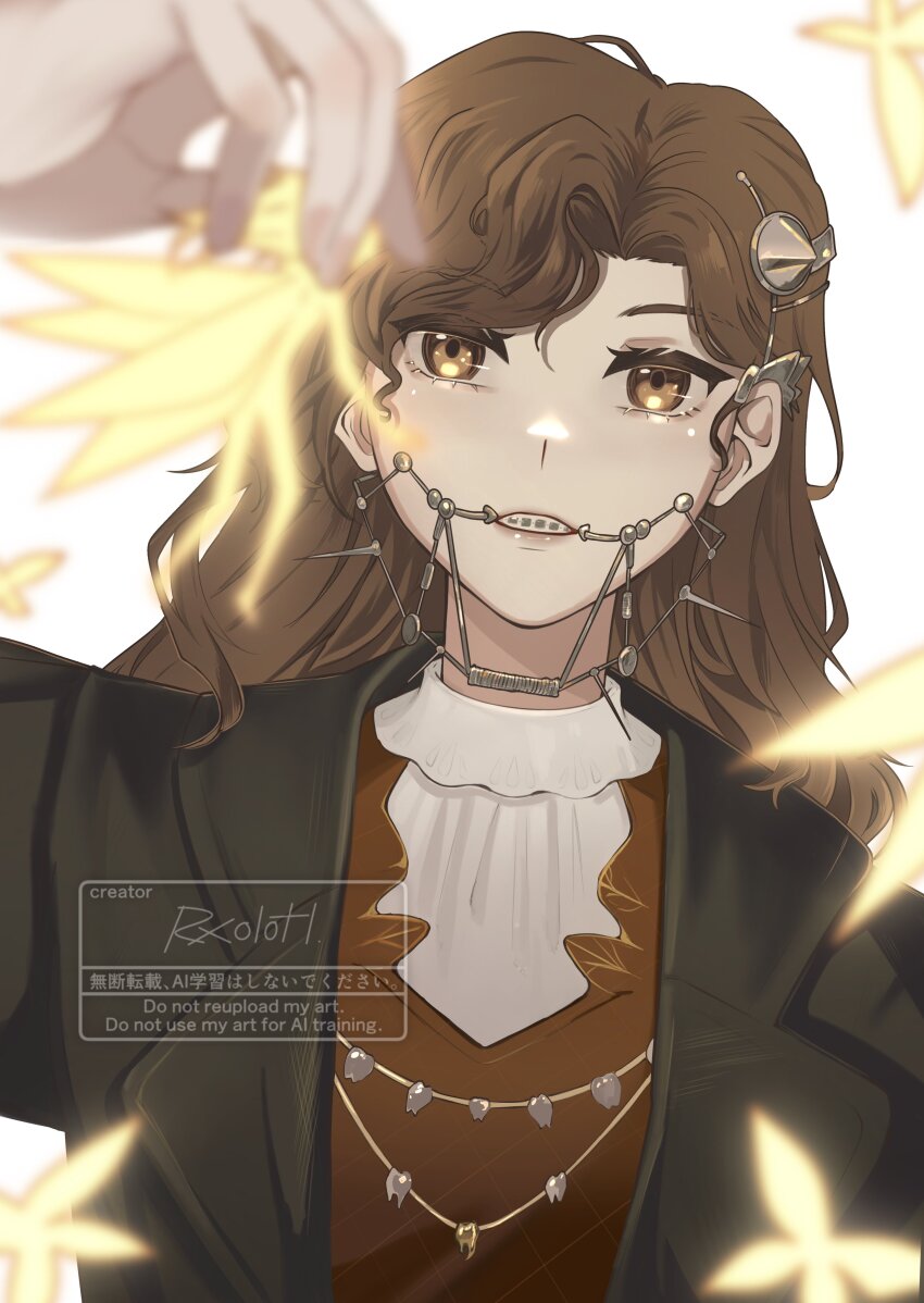 1girl, absurdres, black_coat, blurry, blurry_foreground, braces, brown_eyes, brown_hair, coat, creature, dress, fairy, hand_up, highres, holding, holding_creature, jar, long_hair, looking_at_viewer, ratanan, red_dress, reverse:1999, shirt, solo, teeth, tooth_fairy_(reverse:1999), upper_body, watermark, white_background, white_shirt