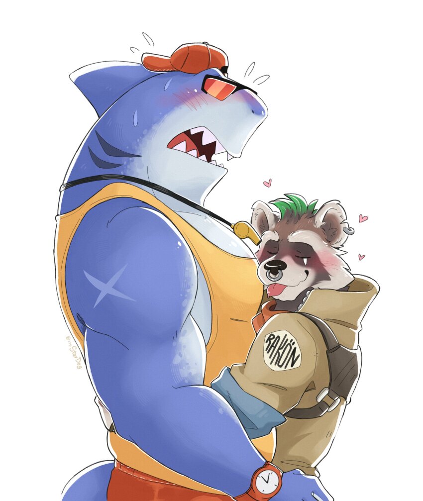 2boys, absurdres, animal_ears, backwards_hat, blush, brown_jacket, closed_mouth, colored_tips