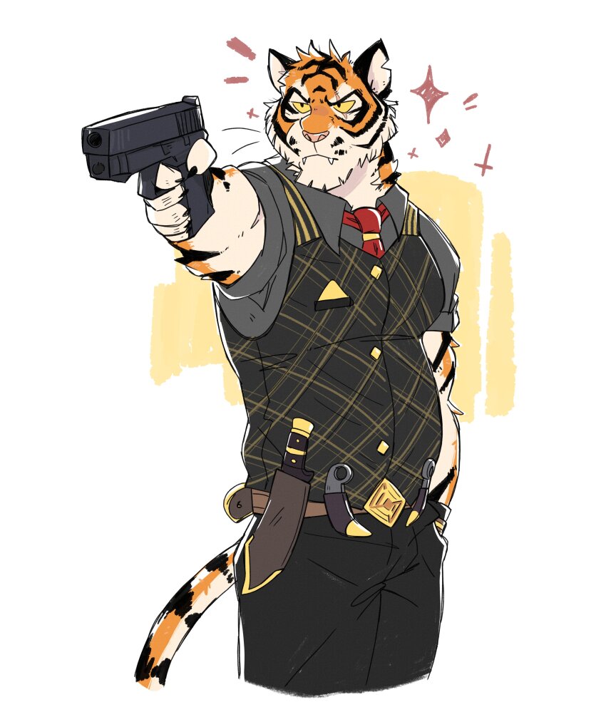 1boy, 2024_summer_olympics, absurdres, animal_ears, ascot, black_pants, black_vest, claws