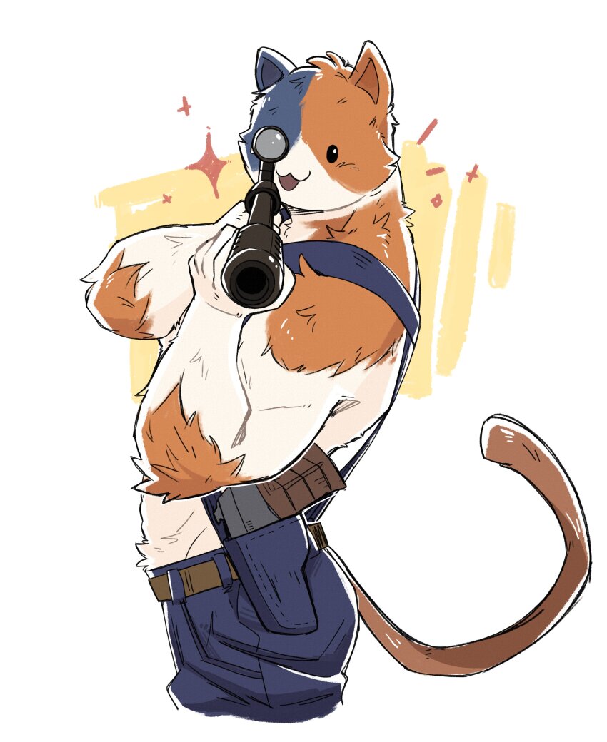 1boy, 2024_summer_olympics, absurdres, animal_ears, cat_boy, cat_ears, cat_tail, fortnite, furry, furry_male, gun, handgun, highres, holding, holding_gun, holding_weapon, holster, holstered, male_focus, meme, meowscles, olympics, open_mouth, rifle, scope, sniper_rifle, sparkle, stardog, tail, topless_male, weapon