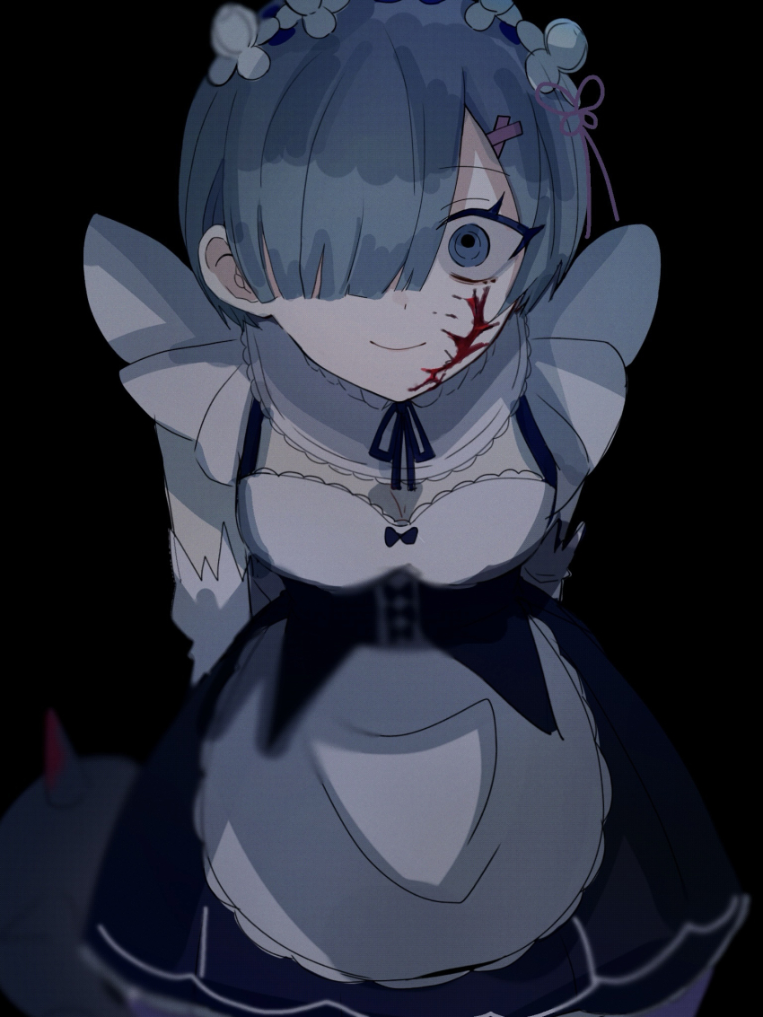 1girl, arms_behind_back, black_dress, blood, blood_on_face, dress, empty_eyes, highres, looking_at_viewer, re:zero_kara_hajimeru_isekai_seikatsu, rem_(re:zero), roswaal_mansion_maid_uniform, solo, yonro_(a62573y)