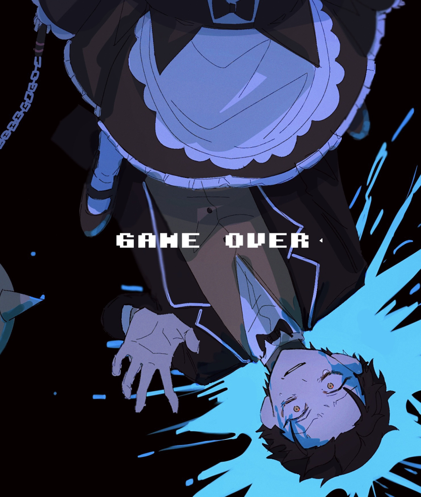 1boy, 1girl, aqua_blood, ball_and_chain_(weapon), black_dress, black_hair, dress, formal_clothes