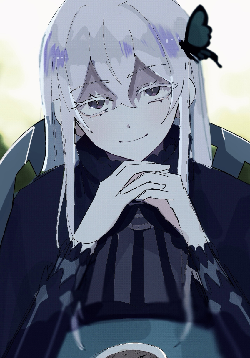 1girl, black_dress, black_eyes, dress, echidna_(re:zero), highres, long_hair, looking_at_viewer, own_hands_together, re:zero_kara_hajimeru_isekai_seikatsu, smile, solo, yonro_(a62573y)