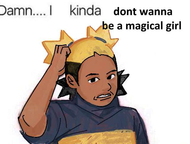 1girl, aika_(kiana_mai), black_hair, damn..._i_kinda_don't_care_(meme), dark-skinned_female, dark_skin, i_don't_want_to_be_a_magical_girl, looking_at_viewer