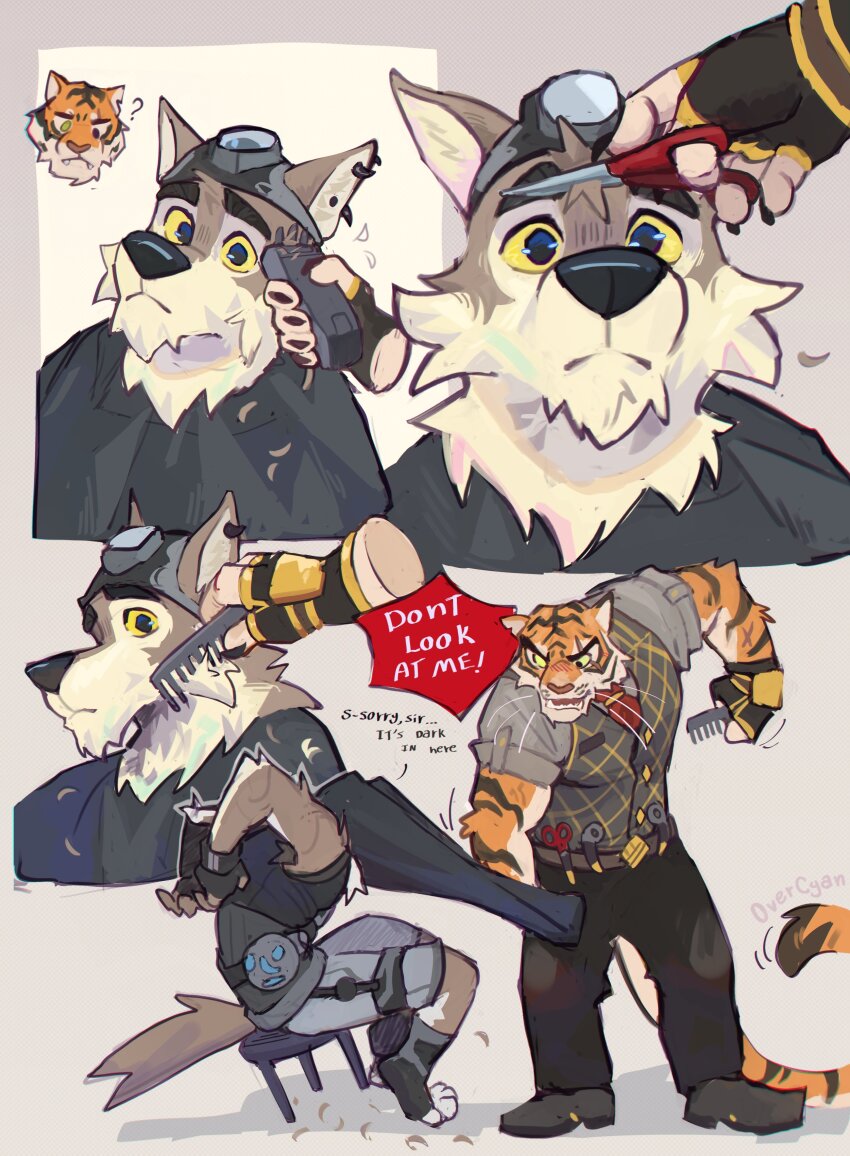 2boys, ?, absurdres, animal_ears, closed_mouth, comb, commentary, cutting_hair