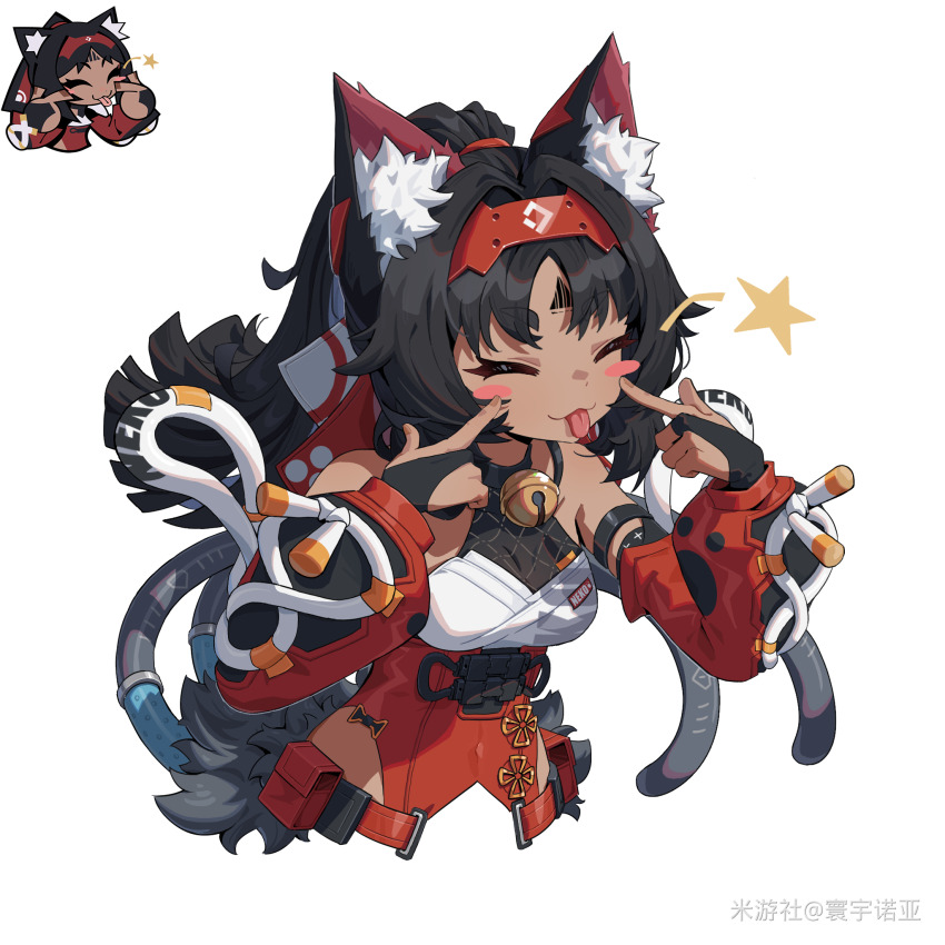 1girl, :p, animal_ear_fluff, animal_ears, bare_shoulders, bell, black_hair, blush_stickers