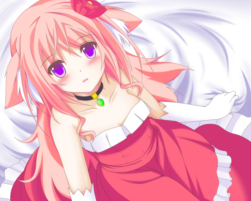 10s, 1girl, animal_ears, bare_shoulders, blush, bustier, dog_days, dog_ears, dog_girl, dress, elbow_gloves, female_focus, flower, from_above, gloves, hair_down, hair_flower, hair_ornament, jewelry, lingerie, long_dress, long_hair, long_skirt, looking_up, millhiore_f._biscotti, necklace, pink_hair, purple_eyes, red_dress, skirt, solo, strapless, strapless_dress, takanashi_kou, underwear, white_gloves