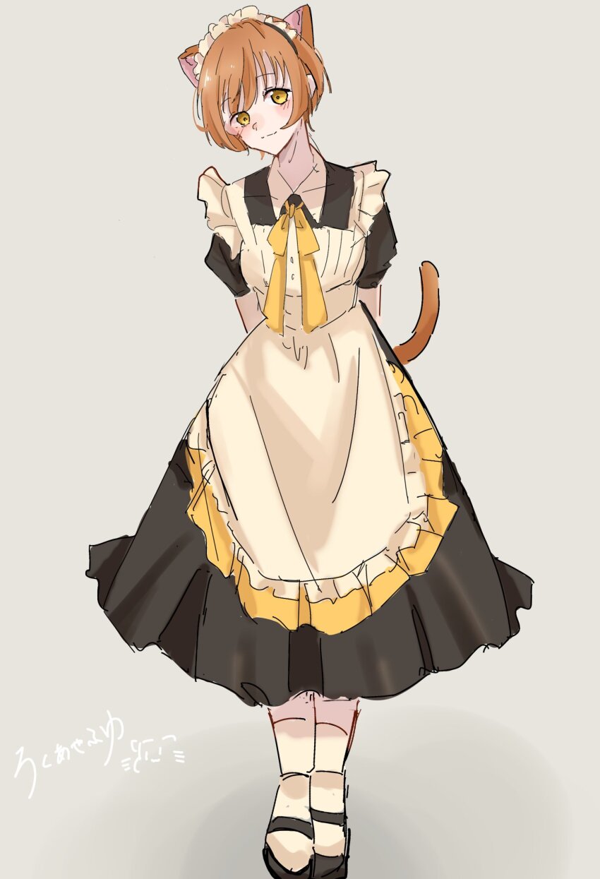 1girl, animal_ears, apron, black_dress, black_shoes, blush, cat_ears, cat_tail, closed_mouth, dress, frilled_apron, frills, full_body, grey_background, highres, hoshizora_rin, long_dress, love_live!, love_live!_school_idol_project, maid, mary_janes, neck_ribbon, orange_hair, ribbon, roku_aya_fuyu, shoes, short_hair, simple_background, smile, solo, tail, translation_request, yellow_apron, yellow_eyes, yellow_ribbon