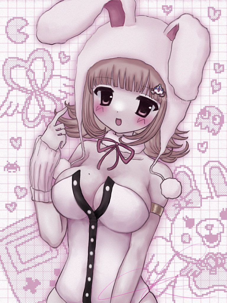 1girl, :d, animal_ears, animal_hood, bare_shoulders, black_leotard, blush, bow, breasts, cleavage, danganronpa_(series), danganronpa_2:_goodbye_despair, ear_bow, fake_animal_ears, game_boy, handheld_game_console, heart, hood, imydestination, large_breasts, leotard, medium_hair, mole, mole_on_breast, nanami_chiaki, open_mouth, pac-man, playboy_bunny, rabbit_ears, rabbit_hood, smile, usami_(danganronpa), white_background, white_leotard