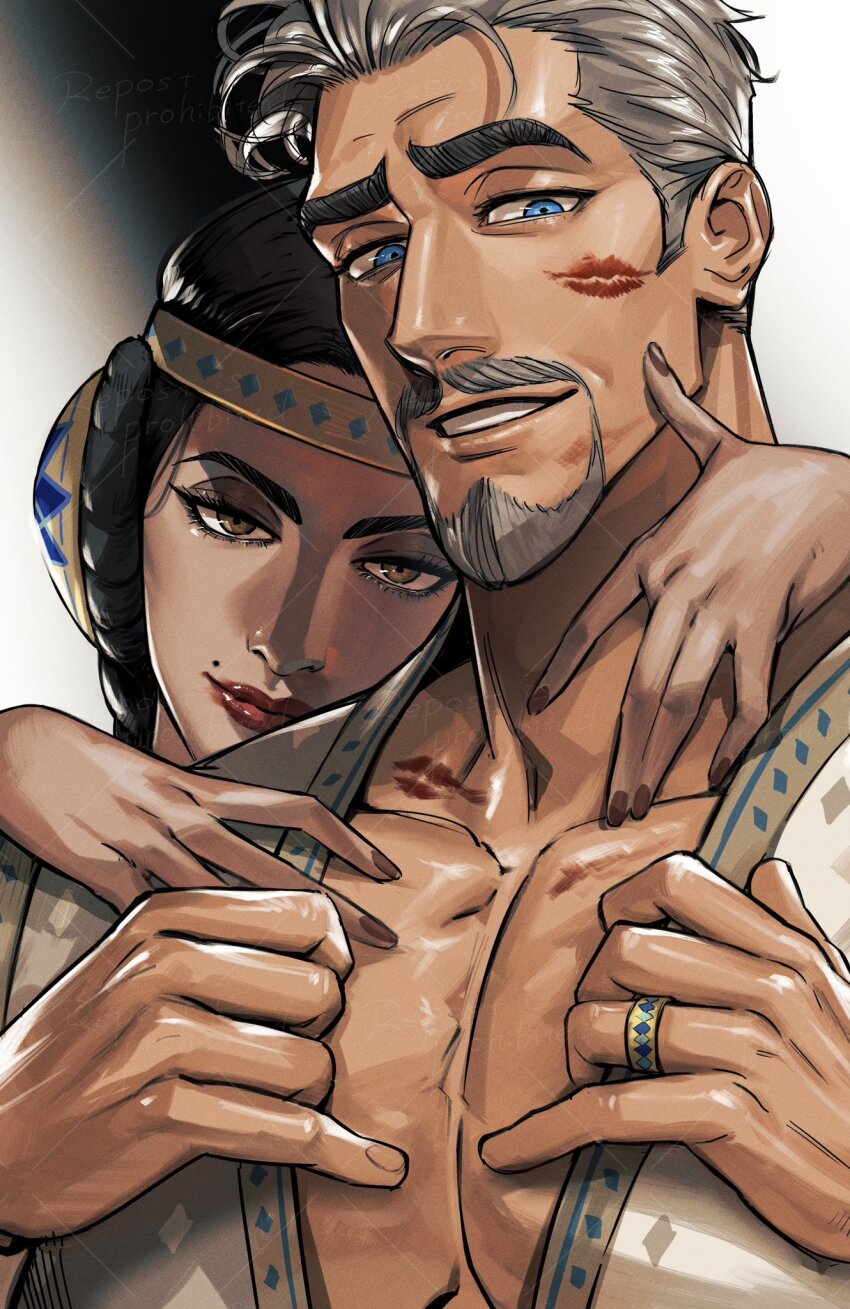 1boy, 1girl, black_eyeshadow, black_hair, braid, brown_eyes, brown_nails, bun_cover