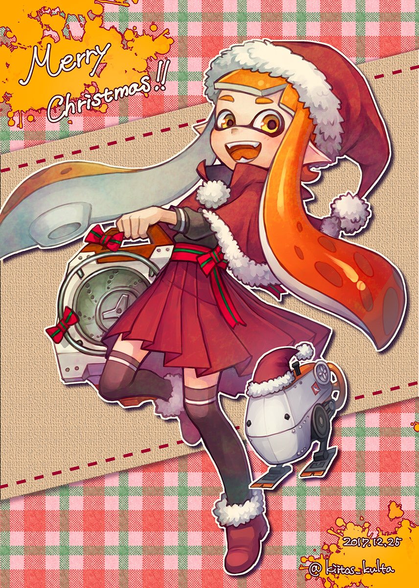 1girl, 2017, autobomb_(splatoon), black_shirt, black_thighhighs, boots, capelet, christmas