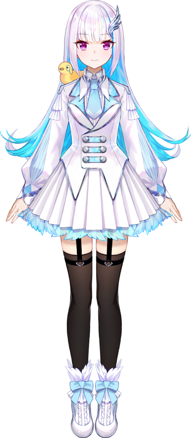 1girl, animal, animal_on_shoulder, baby_animal, bird, black_thighhighs, blue_hair, blue_necktie, blue_ribbon, buttons, chick, collared_shirt, colored_inner_hair, double-breasted, fuzichoco, garter_straps, hair_ornament, highres, jacket, lapels, lize_helesta, lize_helesta_(7th_costume), long_hair, long_sleeves, looking_at_viewer, multicolored_hair, necktie, nijisanji, notched_lapels, official_art, pleated_skirt, puffy_long_sleeves, puffy_sleeves, purple_eyes, ribbon, sebastian_piyodore, shirt, shoes, skirt, smile, solo, streaked_hair, thighhighs, transparent_background, two-tone_hair, virtual_youtuber, white_hair, white_jacket, white_shirt, white_shoes, white_skirt, zettai_ryouiki