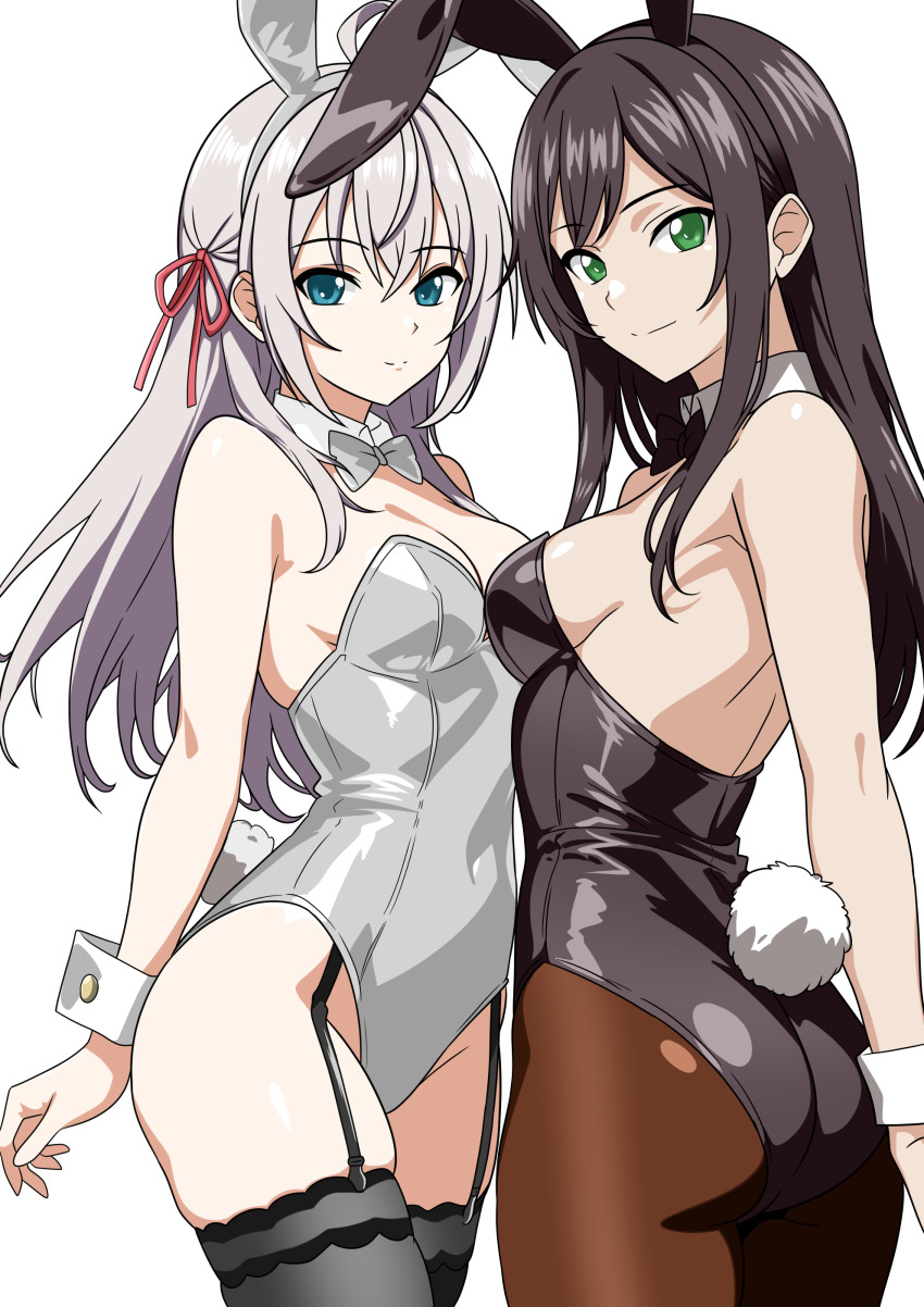 2girls, absurdres, ahoge, alina_clover, alisa_mikhailovna_kujou, animal_ears, ass, bare_shoulders, black_bow, black_bowtie, black_hairband, black_leotard, black_thighhighs, blue_eyes, bow, bowtie, breasts, brown_hair, brown_pantyhose, cleavage, closed_mouth, commentary_request, commission, covered_navel, detached_collar, fake_animal_ears, fake_tail, garter_straps, green_eyes, guild_no_uketsukejou_desu_ga_zangyou_wa_iya_nanode_boss_wo_solo_toubatsu_shiyou_to_omoimasu, hairband, highres, leotard, long_hair, looking_at_viewer, looking_back, medium_breasts, multiple_girls, pantyhose, pixiv_commission, playboy_bunny, rabbit_ears, sideboob, skindentation, smile, strapless, strapless_leotard, tail, thighhighs, tokidoki_bosotto_roshia-go_de_dereru_tonari_no_alya-san, traditional_bowtie, transparent_background, very_long_hair, white_bow, white_bowtie, white_hair, white_hairband, white_leotard, yuuyuu_(3jjbn)