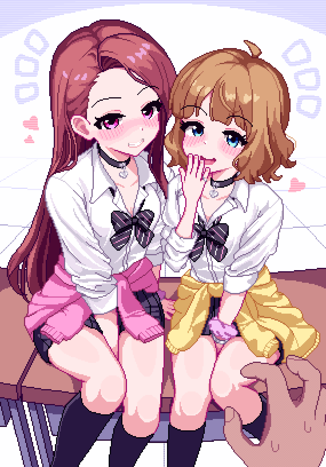 +++, 2girls, ahoge, arm_support, asymmetrical_bangs, bangle, between_legs, black_bow, black_bowtie, black_choker, black_nails, black_socks, blue_eyes, blunt_bangs, blush, bow, bowtie, bracelet, breasts, brown_hair, cardigan, cardigan_around_waist, choker, cleavage, clothes_around_waist, collarbone, collared_shirt, concept_gyarus_(idolmaster), desk, diagonal-striped_bow, diagonal-striped_bowtie, diagonal-striped_clothes, dot_nose, eyelashes, feet_out_of_frame, flat_chest, forehead, grey_skirt, grin, gyaru, hand_between_legs, hand_up, heart, heart_choker, highres, hotshosho, idolmaster, idolmaster_(classic), idolmaster_million_live!, idolmaster_million_live!_theater_days, jewelry, long_hair, looking_at_viewer, loose_bowtie, medium_hair, minase_iori, multiple_girls, official_alternate_costume, on_desk, open_collar, open_mouth, parted_bangs, pink_cardigan, pink_eyes, pixel_art, plaid_clothes, plaid_skirt, pleated_skirt, pov, pov_hands, purple_scrunchie, school_uniform, scrunchie, shirt, silver_bangle, silver_bracelet, silver_ring, single_sidelock, sitting, skirt, sleeves_rolled_up, small_breasts, smile, socks, straight_hair, striped_bow, striped_bowtie, striped_clothes, suou_momoko, swept_bangs, wavy_hair, white_shirt, wrist_scrunchie, yellow_cardigan
