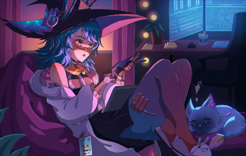 1girl, :o, alune_(alunetrashpanda), ass, aurora_(league_of_legends), bare_shoulders, battle_bunny_aurora, black_dress, carrot, cat, chair, colored_skin, computer, cyber_cat_yuumi, desk, dress, food, green_hair, green_skin, highres, holding, holding_carrot, indoors, jacket, league_of_legends, long_sleeves, medium_hair, open_clothes, open_jacket, plant, potted_plant, red_skin, semi-rimless_eyewear, shoes, tablet_pc, white_jacket, yuumi_(league_of_legends)