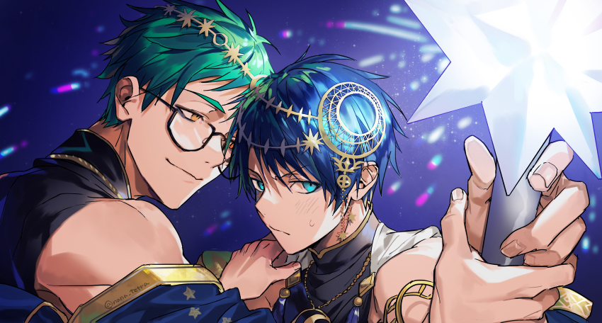 2boys, absurdres, ace_trappola, aqua_eyes, bare_shoulders, black-framed_eyewear, black_shirt, blue_background