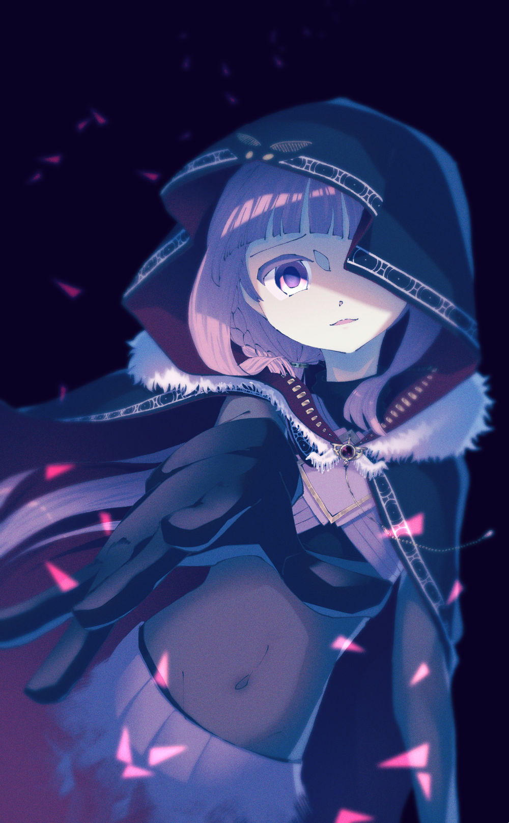 0oooooon, black_gloves, cloak, corruption, dark_background, dark_persona, feather_(magia_record), gloves, highres, hime_cut, long_hair, magia_record:_mahou_shoujo_madoka_magica_gaiden, magical_girl, mahou_shoujo_madoka_magica, navel, pink_hair, purple_eyes, reaching, smile, tamaki_iroha, wings_of_magius