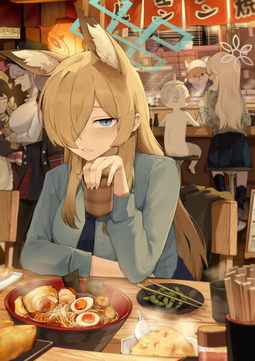 2boys, 4girls, absurdres, animal_ear_fluff, animal_ears, black_hair, black_skirt, blonde_hair