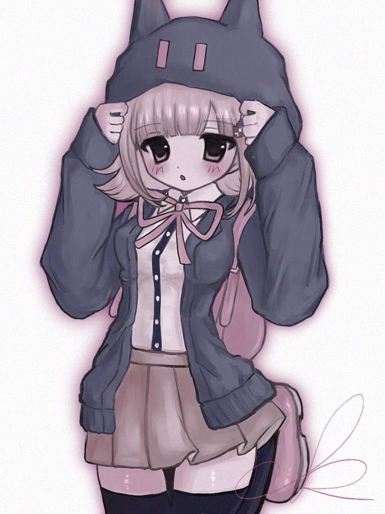 1girl, :o, animal_bag, bag, black_shirt, black_thighhighs, blush, cat_bag