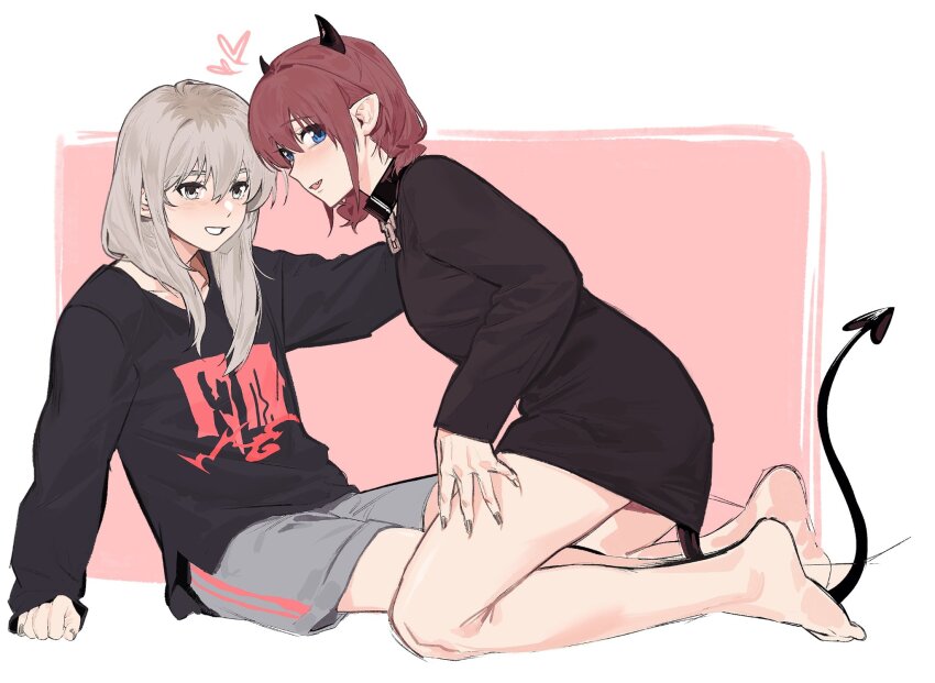 2girls, barefoot, black_collar, black_shirt, blue_eyes, blush, border, brown_hair