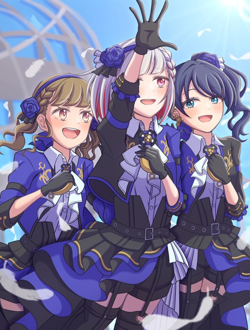 3girls, :d, arm_up, black_gloves, black_jacket, black_shorts, black_thighhighs, blue_bow